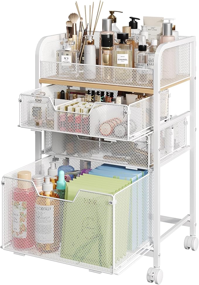 Rolling Makeup Cart Organizer with 3 Drawers, Floor Skincare Organizers with Wheels, Cosmetics Display Cases, Vanity Storage Organizer for Skin Care Perfume Nail Polish, White
