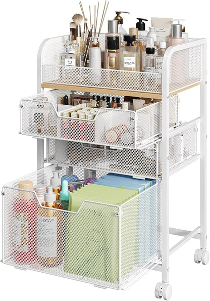 Rolling Makeup Cart Organizer with 3 Drawers, Floor Skincare Organizers with Wheels, Cosmetics Display Cases, Vanity Storage Organizer for Skin Care Perfume Nail Polish, White