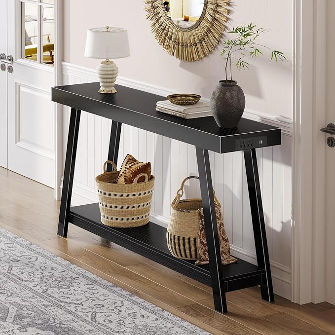 Huuger Console Table with Charging Station, USB-C Port, 2 Tiers Entryway Table, 53.9 Inch Sofa Table with Metal Legs, Entry Hallway Table with Thicker Desktop, Modern Behind Couch Table, Black