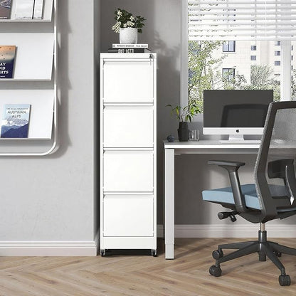 File Cabinet with Lock, 4 Drawers Filing Cabient with Wheel, Steel Vertical Filing Storage Cabinet for Home Office, Heavy-Duty File Cabinets for Letters/Legal/A4 (Require Assembly, White)