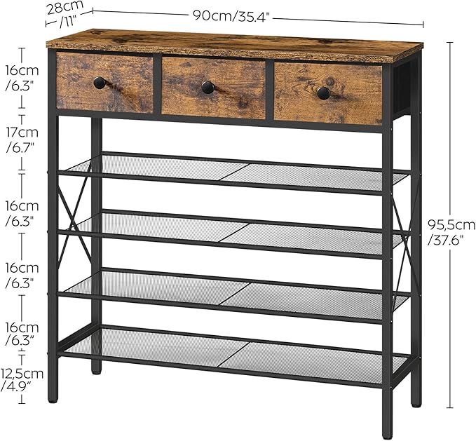 5-Tier Shoe Rack with 3 Drawers, Metal Shoe Organizer for 20 Pairs with Storage Shelves and Wooden Top, for Entryway, Hallway, Foyer, Closet, Rustic Brown and Black SS35BR