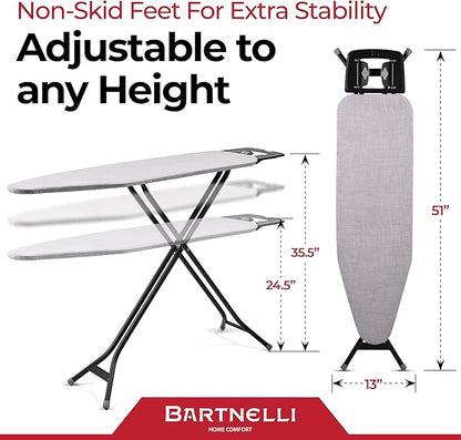 Bartnelli Extreme Stability Ironing Board 43x13 Upgraded Heavy-Duty Metal Frame & Iron Rest, Height Adjustable, Foldable, 4 Non-Skid Feet, 4-Layer Cover & Pad, Made with Patent European Engineering