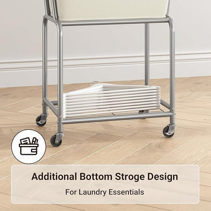 ELYKEN Rolling Laundry Hamper with Wheels, Laundry Cart with Removable Bag, Heavy Duty Metal Frame, 2-Tier Clothes Basket Hamper with Shelf for Closet, Bedroom, Bathroom, Laundry Room, Cream