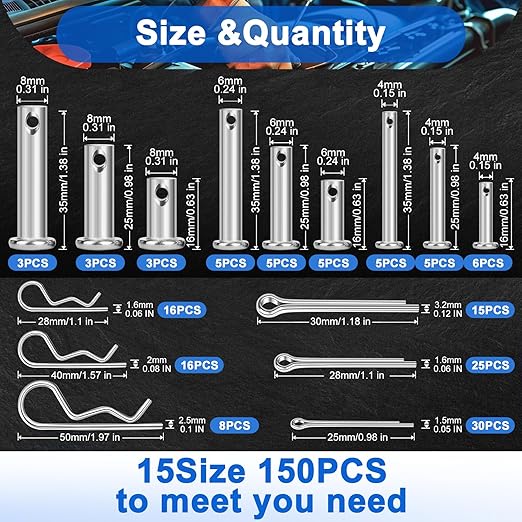 150PCS Premium 304 Stainless Steel Clevis Pins Cotter Pins R Clips Assortment Kit, 15 Sizes Single Hole Flat Head Cotter Clips Fasteners for Trailer Hitch, Automotive, Machinery Use