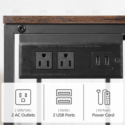 Mobile Printer Stand, 3-Tier Industrial Printer Cart with Power Outlets and 2 USB Ports, Rolling Printer Table on Wheels for Home Offices Kitchen Organization Rack, Rustic Brown PTHR78E01