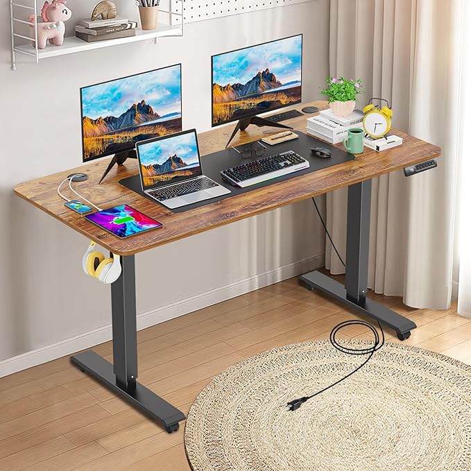 farexon 55 x 24 Electric Standing Desk Adjustable Height with Charging Station, Stand up Desk with Wheels,Outlets, Mouse Pad, Preset Heights Home Office Gaming Computer Workstations Table（Brown）