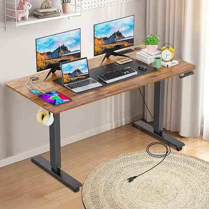 farexon 55 x 24 Electric Standing Desk Adjustable Height with Charging Station, Stand up Desk with Wheels,Outlets, Mouse Pad, Preset Heights Home Office Gaming Computer Workstations Table（Brown）
