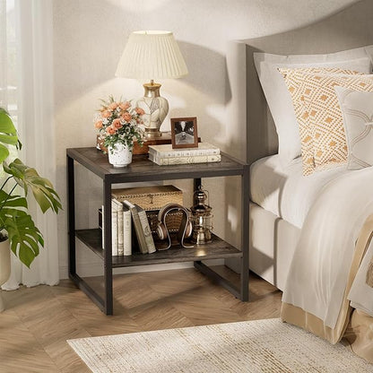 Homieasy End Table, 20 Inch Square End Table, Mini Fridge Stand with 2-Tier Storage Shelves, Industrial Wood Side Table Small Table Stand for Living Room, Bedroom, Office, Black Oak