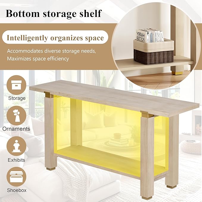 62.9" Modern Minimalist Console Table, Solid Wood Entryway Sofa Table with Metal Accents, 2-Tier with Open Shelf and Built-in Shelf for Living Room, Hallway (Natural-J22)