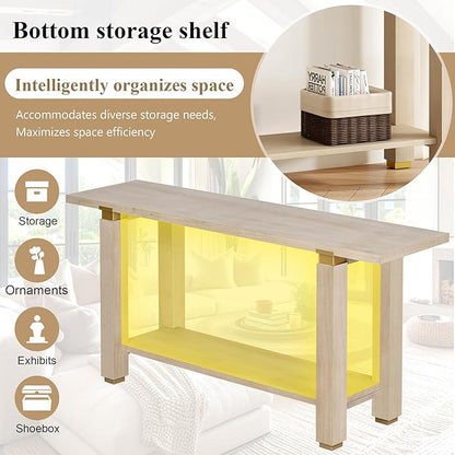 62.9" Modern Minimalist Console Table, Solid Wood Entryway Sofa Table with Metal Accents, 2-Tier with Open Shelf and Built-in Shelf for Living Room, Hallway (Natural-J22)