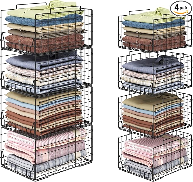 Stackable Closet Organizers and Storage Bins 4 Pack, Sturdy Metal Clothes Storage Container for Clothes Pants Sweaters, Black Folded Drawer Shelf Organizer for Closet Wardrobe