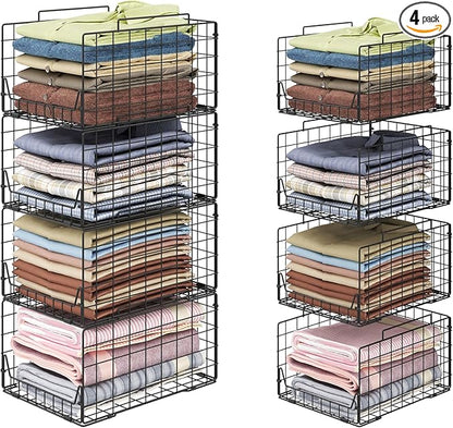 Stackable Closet Organizers and Storage Bins 4 Pack, Sturdy Metal Clothes Storage Container for Clothes Pants Sweaters, Black Folded Drawer Shelf Organizer for Closet Wardrobe