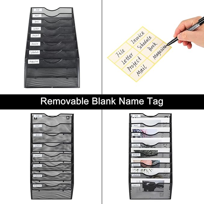PAG Hanging Wall File Holder Organizer Mail Sorter Literature Rack for Office, 8 Pockets, Black