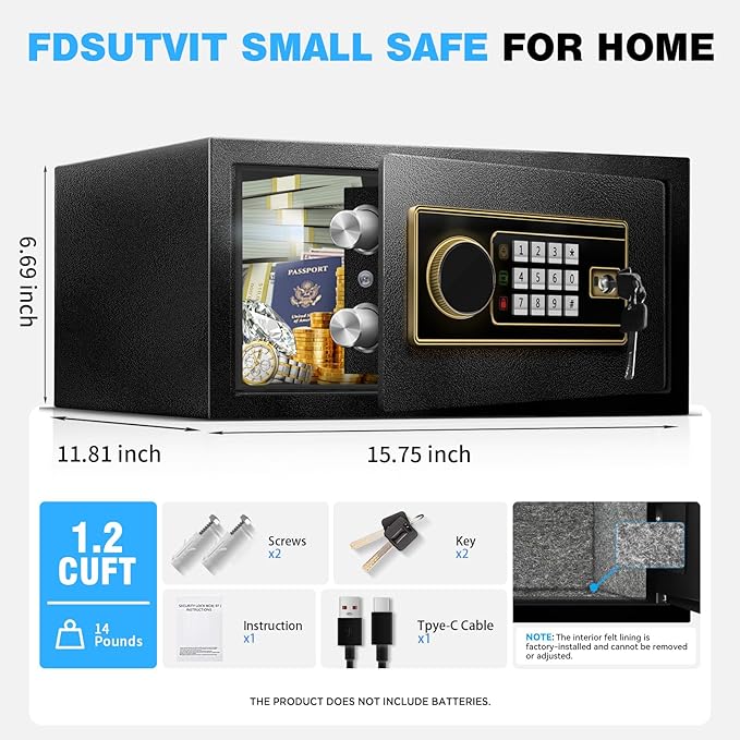1.2 Cu Ft Fireproof Safe Box for Home - Steel Lock Box for Office & Home Security, Digital Electronic Keypad, Alarm System, Silent Mode, Safety Box for Documents Money Jewelry Laptop