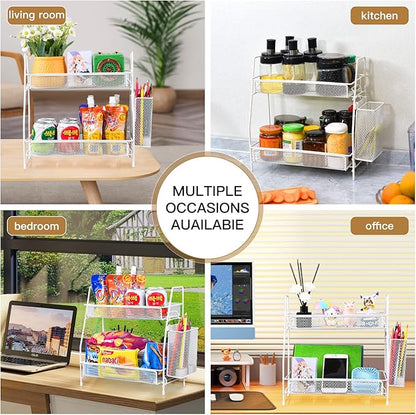 LEMIKKLE Countertop organizer for bathroom counter, bathroom organizers and storage, spice rack organizer for kitchen counter shelf with small basket(White)