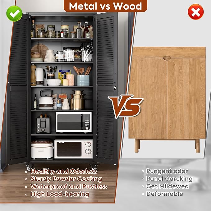 Garage Storage Cabinet with Wheels, 71" H Lockable Metal Storage Cabinet with 5 Adjustable Shelves for Garage,Warehouse, Home, Assembly Required, Black