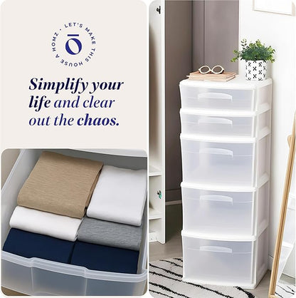 HOMZ 5-Drawer Storage Cart, Clear Plastic Drawers, 14.25" Wide Medium, White Frame - Organizing Drawer Containers for Home, Bathroom, Bedroom, Office, and Classroom