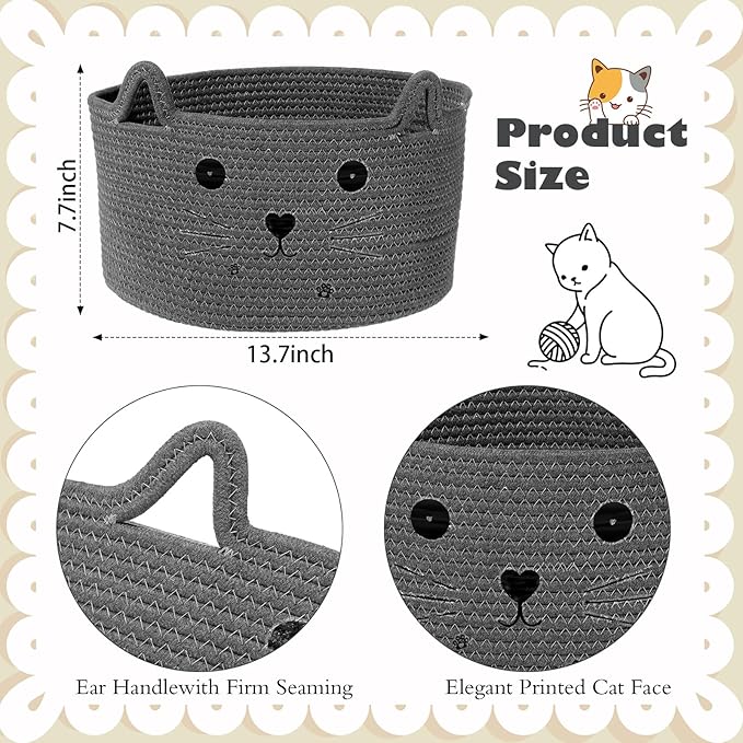 Zopeal Cat Basket Storage Woven Organizer with Ears Easter Decorative Gift Pet Toy Cute Cotton Rope Basket for Gift Cat Dog Toy Bin Nursery Room(13.7 x 7.8 Inch,Dark Grey)