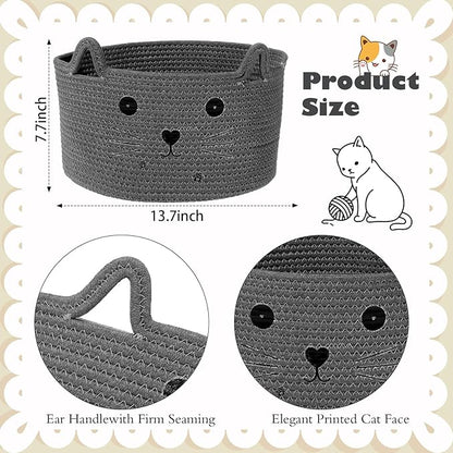 Zopeal Cat Basket Storage Woven Organizer with Ears Easter Decorative Gift Pet Toy Cute Cotton Rope Basket for Gift Cat Dog Toy Bin Nursery Room(13.7 x 7.8 Inch,Dark Grey)