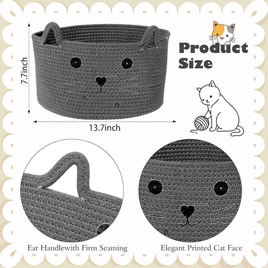 Zopeal Cat Basket Storage Woven Organizer with Ears Easter Decorative Gift Pet Toy Cute Cotton Rope Basket for Gift Cat Dog Toy Bin Nursery Room(13.7 x 7.8 Inch,Dark Grey)