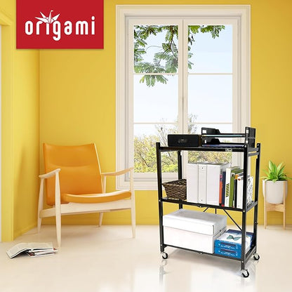 Origami 2-Pack General Purpose Foldable 3-Tier Shelf Storage Rack & Wheels, R3, Black