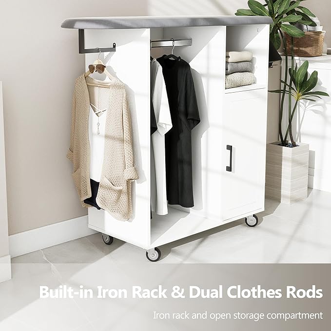 Rolling Ironing Board with Storage, Ironing Cart with Iron Holder and Coat Hanger, Multipurpose Ironing Cabinet with Wheels, Suitable for Laundry Room, Bedroom, Coat and hat, White