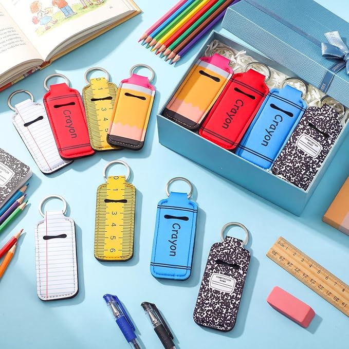 12 Pcs Lipstick Holder Keychain Bulk Cute Pocket Lip Balm Holder Keychain Backpack Purse Accessories for Women Lip Gloss Sleeve Pouch, 6 Style (Back to School)