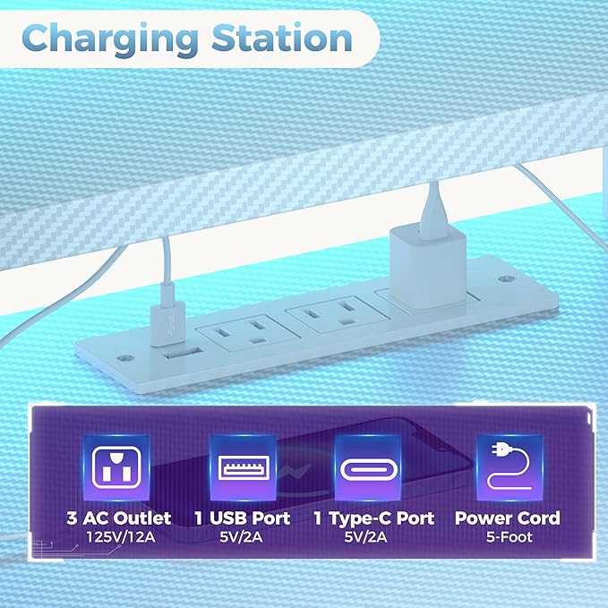 DUMOS L Shaped Gaming Desk with Shelves Storage Drawers 59'', White Computer Desks with LED Lights Power Outlets, Office Wood Table with PC Stand Cable Management for Bedroom Dual Monitor Streaming