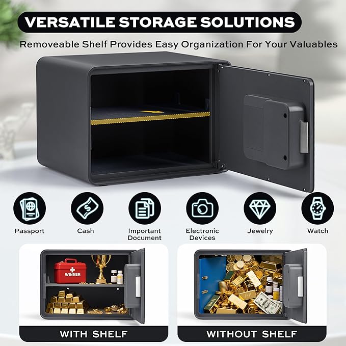 Biometric Safe for Home, 0.6 Cube Feet Auto-Open Fingerprint Safe with Touch Screen, Alarm System & Removable Shelf, Small Money Box for Cash, Jewelry, Documents, Home Office Use, Black