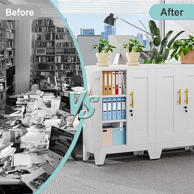 35.43" Lockable Metal Storage Cabinet, Steel Locker File Cabinet with 2 Doors ＆ 2 Adjustable Shelves, Multi-Purpose Organizer for Home, Office File Storage & Garage Locker (White)