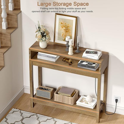 Foldable 38" Console Table with Charging Station & Storage, Side Table with Charging, Entryway Table with Anti-Tip Design,Rustic,Rustic Brown
