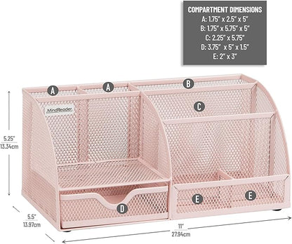 Mind Reader 7-Compartment Desktop Organizer, File & Accessory Storage, Metal Mesh Office Organizer for Desk, Workspace, Mail, Pink