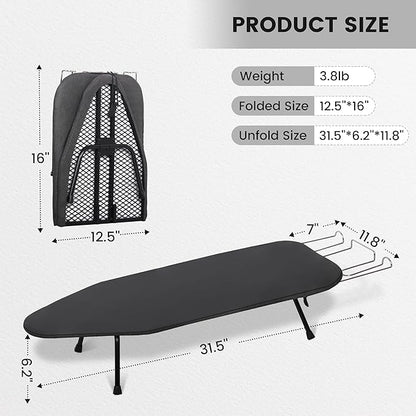 Small Ironing Board, Foldable Table Top Ironing Board Compact, Portable Tabletop Iron Boards Metal Mesh Panel, 8mm Thicken Pad with lron Rest and Heat Resistant Cover