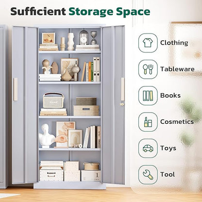 Greenvelly Metal Storage Cabinet, 63" H Locking Metal Storage Cabinet with Doors and 4 Shelves, Lockable Steel Cabinets for Kitchen, Bedroom, Living Room, Office (Dark Grey)