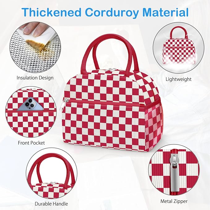 DALINDA Corduroy Lunch Bag Lunch Box for Women Men,Cute Insulated LunchBags,Water-Resistant Cooler Lunch Tote Bag, Reusable LunchBox Large Capacity for Work Travel Picnic