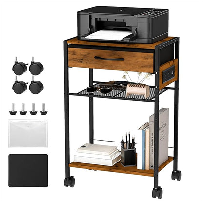 3-Tier Printer Stand with Charging Station, Wood & Metal Printer Table with Storage Drawer for Home Office, Rolling Printer Cart with AC, USB, C-Type Port and Wheels