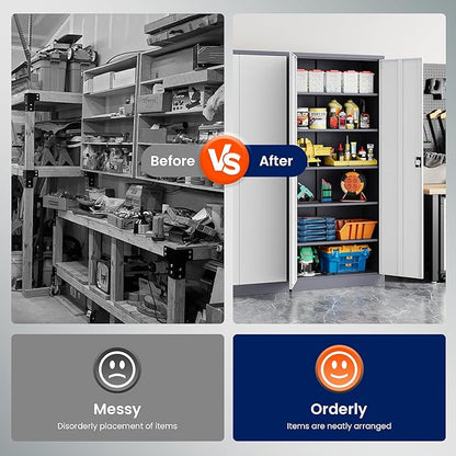 Yizosh Metal Garage Storage Cabinet with Lock, 72" Locking Tool Cabinet with 2 Doors and 4 Shelves for Garage,Office,School (Gray White)