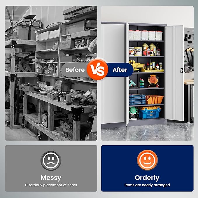 Yizosh Metal Garage Storage Cabinet with Lock, 71" Locking Tool Cabinet with 2 Doors and 5 Shelves, Tall Steel Cabinet for Garage, Heavy Duty File Cabinet for Office, School (Gray White)