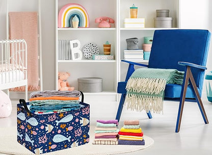 Rectangle Gift Storage Basket Home Shelf Storage Basket Organizer Box Clothes Laundry Hamper Nursery Basket Laundry Basket with Handles (Whale)