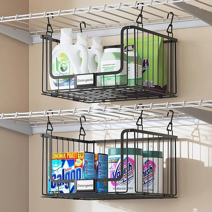 5-Tier Hanging Laundry Room Organizer with Label Cards, Foldable Wire Shelf Basket with 4 Rotating Hooks, Stacked Storage Rack for Laundry Rooms, Closet and Pantry, Black Metal