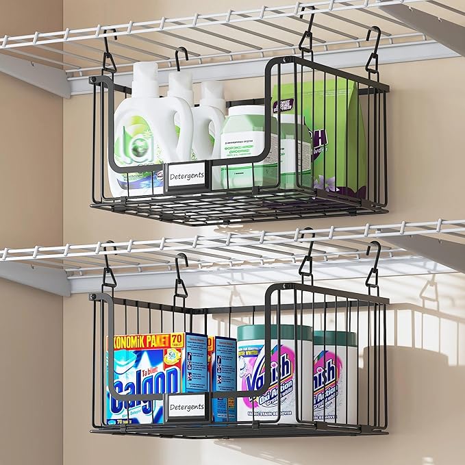 4-Tier Hanging Laundry Room Organizer with Label Cards,Foldable Wire Shelf Basket with 4 Rotating Hooks,Stacked Laundry Basket Organizer,Storage Rack for Laundry Rooms,Closet and Pantry-Black
