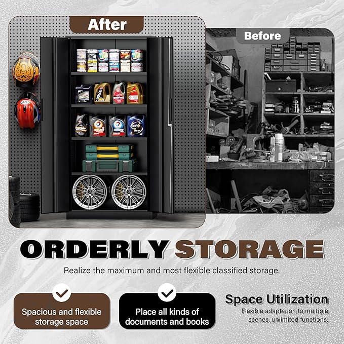 72” Metal Storage Cabinet, Lockable File Cabinets with 2 Doors and 4 Adjustable Shelves, Steel Tool Cabinets with Lock for Office, Home, Gym, Black-Small