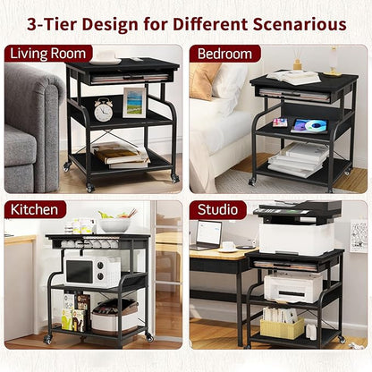 TFK 3-Tier Printer Stand with Drawer, Adjustable Shelf, Rolling Casters, 23.6 x 18.9 x 30 Inch Heavy Duty Printer Cart for Home Office, Large Printers, 3D Printers, Fax & Heat Press, Black