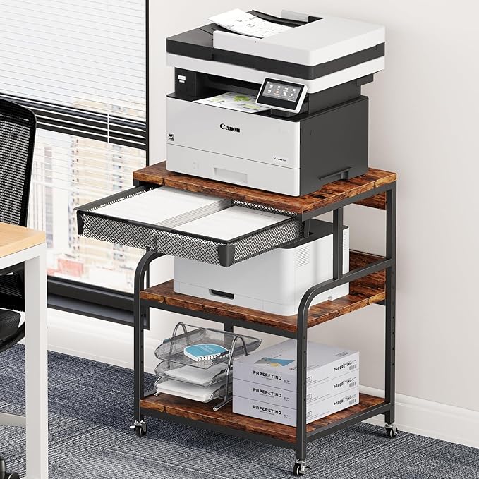 EasyCom 23.6''x18.9'' Extra Large Printer Stand with Drawer, 5-Adjustable Heights 3 Tier Table with Wheels, Rolling Printer Cart with Storage for Printer Scanner Fax Home Office Use
