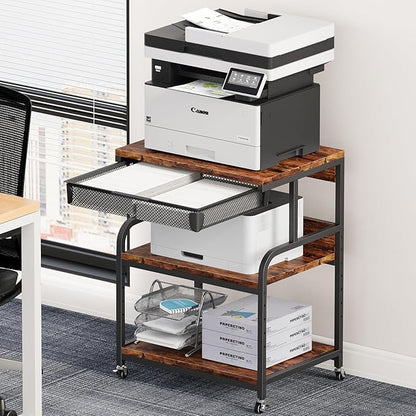 EasyCom 23.6''x18.9'' Extra Large Printer Stand with Drawer, 5-Adjustable Heights 3 Tier Table with Wheels, Rolling Printer Cart with Storage for Printer Scanner Fax Home Office Use