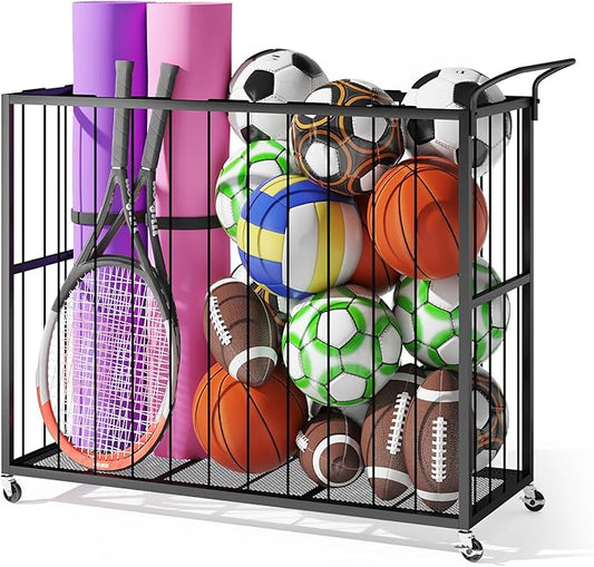 Ball Storage Bin Rolling Sports Ball Cart, Metal Garage Organizer Sport Rack, Ball Basket Storage, Ball Cage for Garage or Gym, Indoor & Outdoor Sports Equipment Organizer