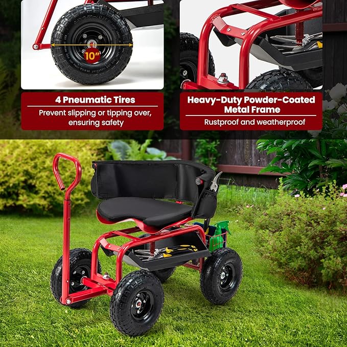Giantex Rolling Garden Cart, 360 Swivel Workseat with 4 Wheels, Removal Cushion & Tool Tray, Storage Basket, Gardening Wagon Scooter with Adjustable Height, Handle (Red)