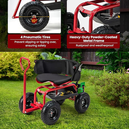Giantex Rolling Garden Cart, 360 Swivel Workseat with 4 Wheels, Removal Cushion & Tool Tray, Storage Basket, Gardening Wagon Scooter with Adjustable Height, Handle (Red)