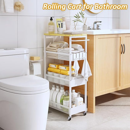 Slim Rolling Utility Cart, 4 Tier Metal Narrow Storage Cart with Handle and Wood Top, Multifunctional Small Mobile Shelf Unit Organizer Trolley for Laundry, Bathroom, Kitchen
