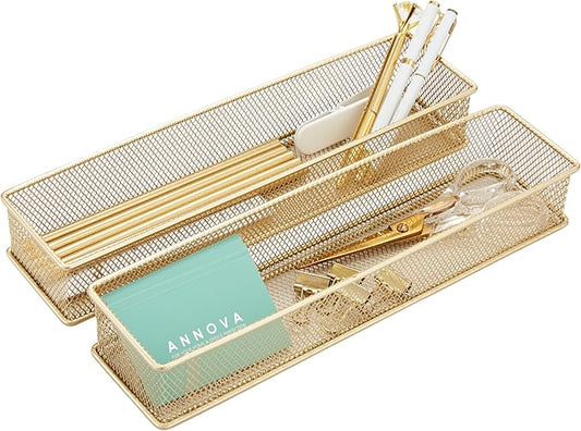 Annova Mesh Stackable Drawer Cabinet and Shelf Organizer Bins Storage Basket School Office Supply Holder Tray- Set of 2 (Gold, 3x12x2 Inch)